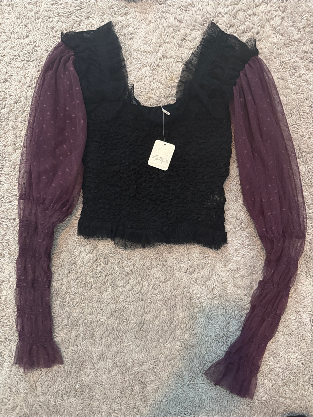 Free People Black Ruched Crop Top with Plum Mesh Balloon Sleeves